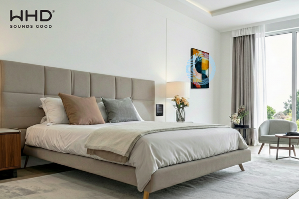 Hotelzimmer mit moderner Audio- und Raumsteuerung von WHD – SoundPicture im Einsatz