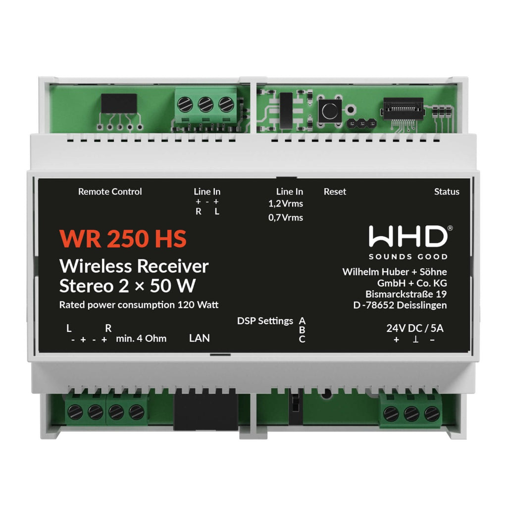 WR250DSP HS, grau - Bluetooth/-(W)LAN Receiver inkl. Stereoverstärker und DSP für die Hutschiene